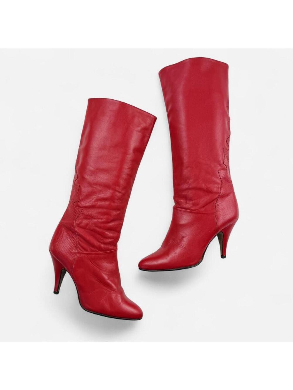Vintage Y2K Red Leather Pointed Stiletto Knee High Boots